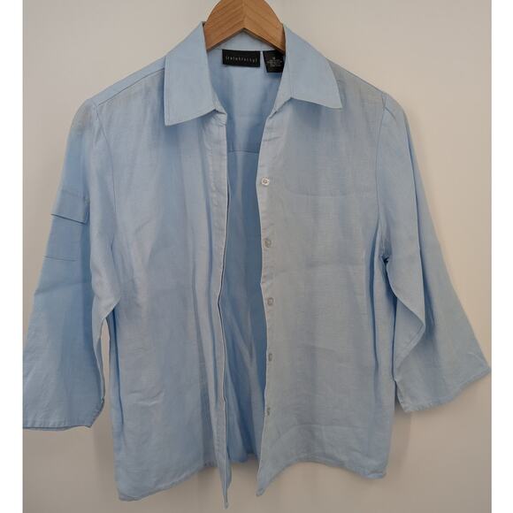 100% Linen Relativity Blue Button Down 3/4 Sleeve Women's Semi-Sheer Top Size M - Picture 2 of 5
